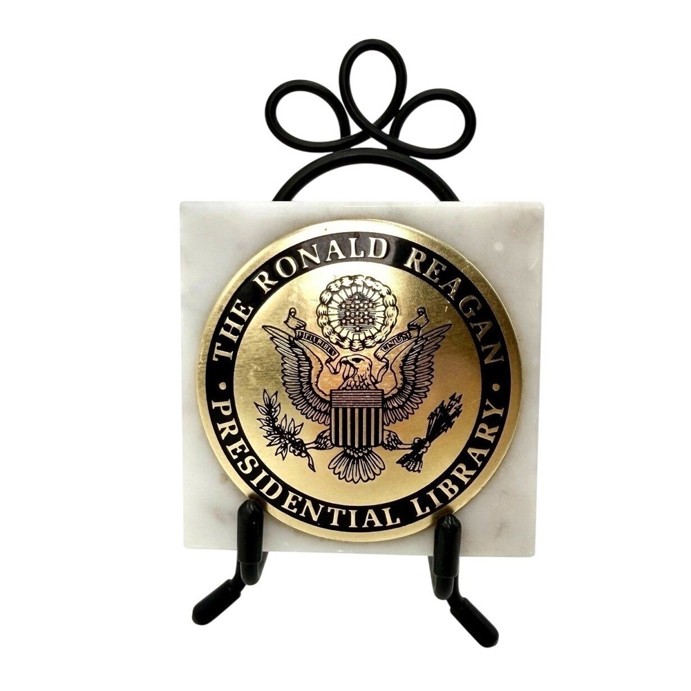 Ronald Reagan Presidential Library Marble Brass Paperweight Great Seal 3x3 White - Picture 1 of 2